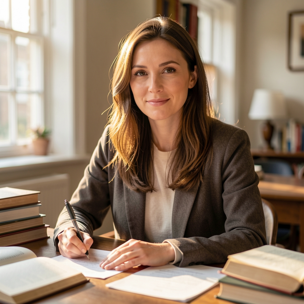 Portrait of Eleanor Whitfield, editorial contributor, soft natural light, plain studio background