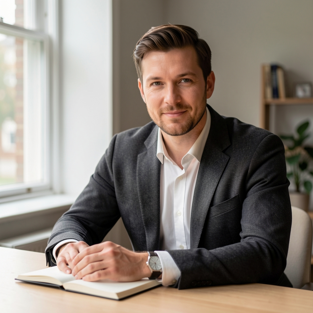 Portrait of Tobias Marsden, editorial contributor, plain pale background with soft directional studio lighting