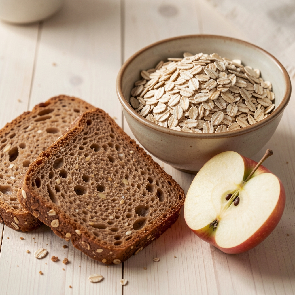 A row of glass jars containing various whole grains — rolled oats, brown rice, barley, and rye flakes — arranged on a pale wooden shelf in controlled studio lighting